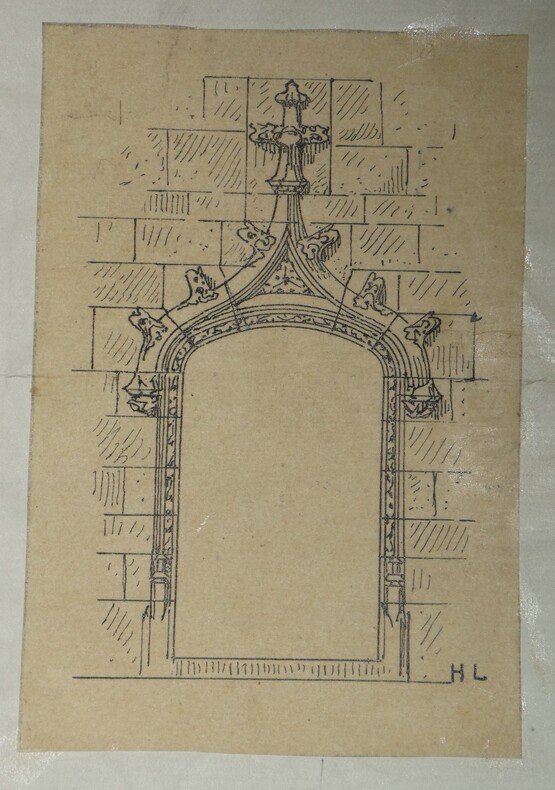 Dessin original sign&eacute; - Porte g&acirc;bl&eacute;e du XVe si&egrave;cle. Louis Henri Laffill&eacute;e