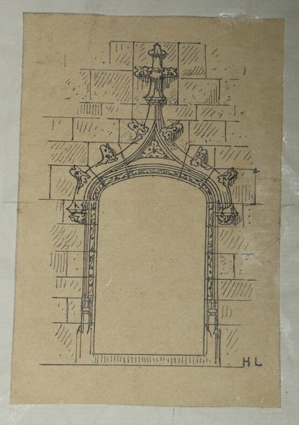Dessin original sign&eacute; - Porte g&acirc;bl&eacute;e du XVe si&egrave;cle. Louis Henri Laffill&eacute;e