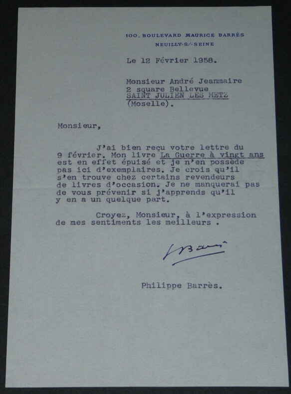 Philippe BARRES - LETTRE TAPUSCRITE SIGN&Eacute;E "La guerre &agrave; vingt ans" &eacute;puis&eacute;, 1958. Philippe Barr&egrave;s