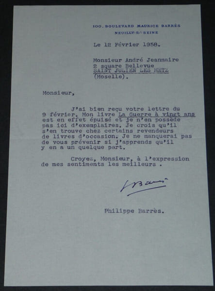Philippe BARRES - LETTRE TAPUSCRITE SIGN&Eacute;E "La guerre &agrave; vingt ans" &eacute;puis&eacute;, 1958. Philippe Barr&egrave;s