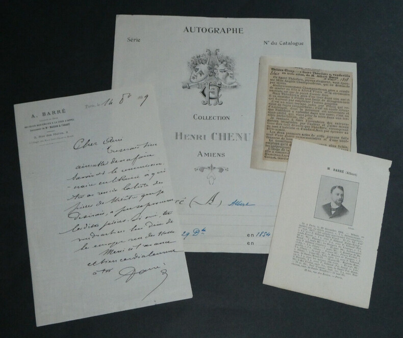 Albert BARR&Eacute; - Lettre autographe sign&eacute;e - Pi&egrave;ces de th&eacute;&acirc;tre - 1889. Albert BARR&Eacute;