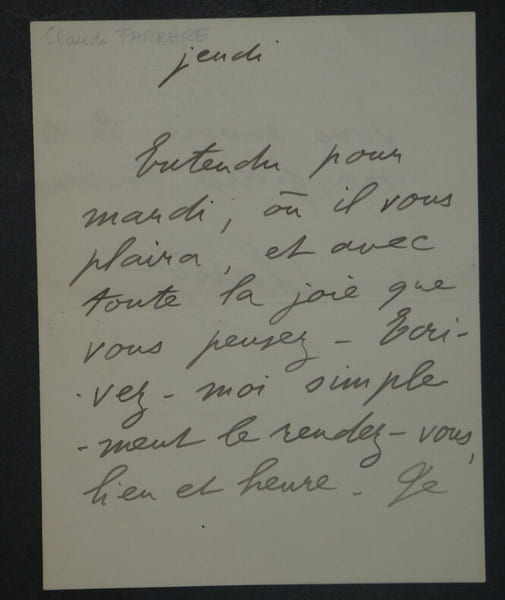 Claude FARR&Egrave;RE - Lettre Autographe Sign&eacute;e "ma fid&egrave;le tendresse". Claude Farr&egrave;re