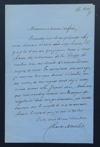 Charles MONSELET - Lettre autographe sign&eacute;e, 16 novembre 1858. Charles Monselet