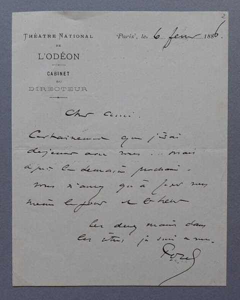 Paul POREL, Acteur et directeur de th&eacute;&acirc;tre - LETTRE AUTOGRAPHE SIGN&Eacute;E, 1886. Paul POREL