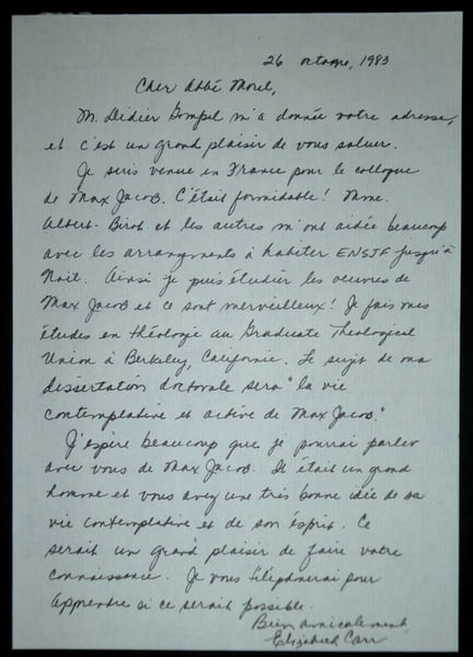 LETTRE AUTOGRAPHE SIGN&Eacute;E &Agrave; L'ABB&Eacute; MOREL ET SON ENVELOPPE 1983. Elizabeth Carr