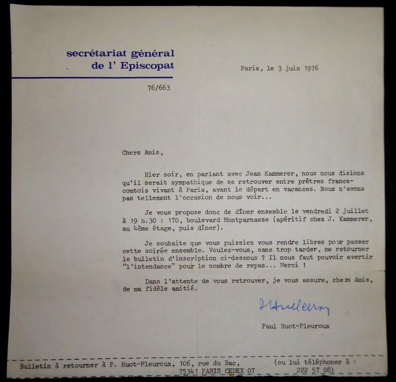 HUOT-PLEUROUX Paul - LETTRE TAPUSCRIT SIGN&Eacute;E SECR&Eacute;TARIAT G&Eacute;N&Eacute;RAL &Eacute;PISCOPAT, 1976. Paul Huot-Pleuroux