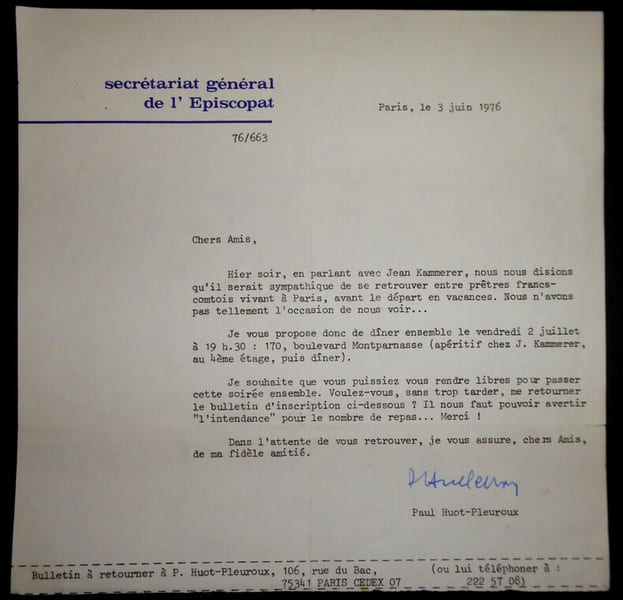 HUOT-PLEUROUX Paul - LETTRE TAPUSCRIT SIGN&Eacute;E SECR&Eacute;TARIAT G&Eacute;N&Eacute;RAL &Eacute;PISCOPAT, 1976. Paul Huot-Pleuroux