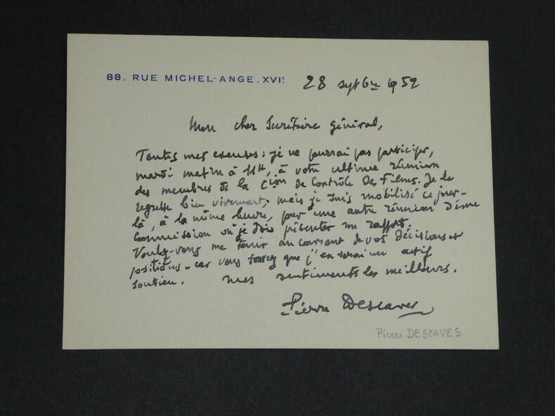 Pierre DESCAVES - &eacute;crivain - CARTE DE CORRESPONDANCE AUTOGRAPHE SIGN&Eacute;E - 1952. Pierre DESCAVES
