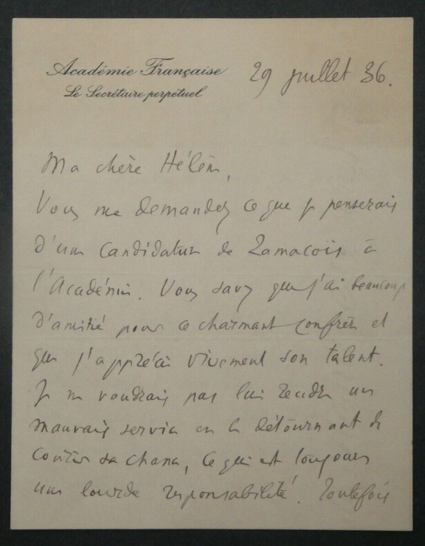 Ren&eacute; DOUMIC - LETTRE AUTOGRAPHE SIGN&Eacute;E Candidature ZAMACO&Iuml;S &agrave; l'Acad&eacute;mie, 1936. Ren&eacute; Doumic