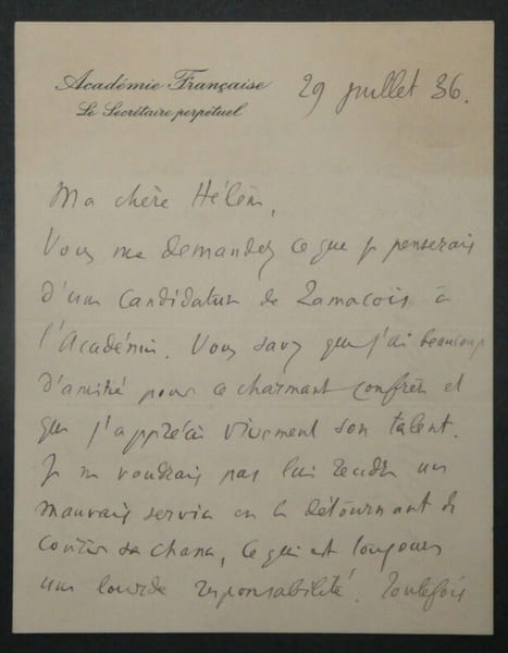 Ren&eacute; DOUMIC - LETTRE AUTOGRAPHE SIGN&Eacute;E Candidature ZAMACO&Iuml;S &agrave; l'Acad&eacute;mie, 1936. Ren&eacute; Doumic