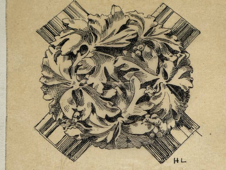 Dessin original sign&eacute; - Clefs de vo&ucirc;te de Caen et Troyes - Louis Henri Laffill&eacute;e - vers 1930. Louis Henri Laffill&eacute;e