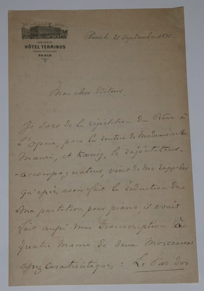GASTINEL L&eacute;on - LETTRE AUTOGRAPHE SIGN&Eacute;E, HOTEL GRAND TERMINUS, PARIS 1891. L&eacute;on Gastinel