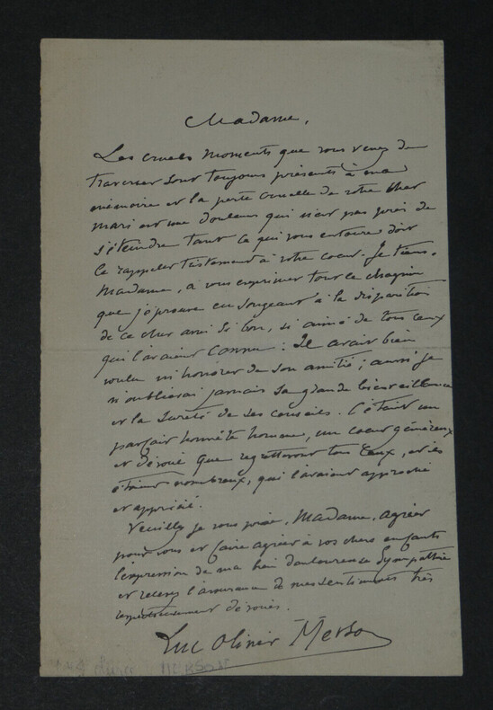 Luc Olivier MERSON - TR&Egrave;S BELLE LETTRE AUTOGRAPHE SIGN&Eacute;E DE CONDOL&Eacute;ANCES. Luc-Olivier MERSON