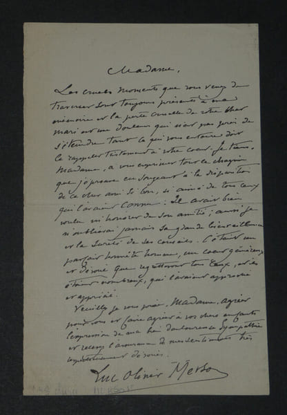 Luc Olivier MERSON - TR&Egrave;S BELLE LETTRE AUTOGRAPHE SIGN&Eacute;E DE CONDOL&Eacute;ANCES. Luc-Olivier MERSON