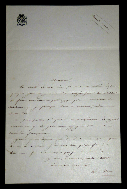 Lettre autographe sign&eacute;e. Doze, Aim&eacute;e