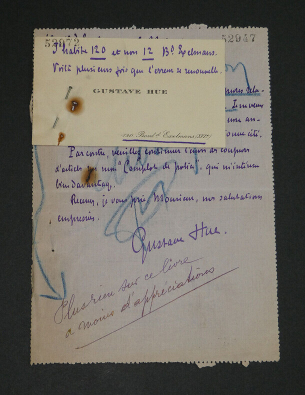 Gustave HUE - LETTRE AUTOGRAPHE SIGN&Eacute;E &Agrave; Alfred GALLOIS ET UNE CARTE DE VISITE. Gustave HUE