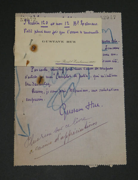 Gustave HUE - LETTRE AUTOGRAPHE SIGN&Eacute;E &Agrave; Alfred GALLOIS ET UNE CARTE DE VISITE. Gustave HUE
