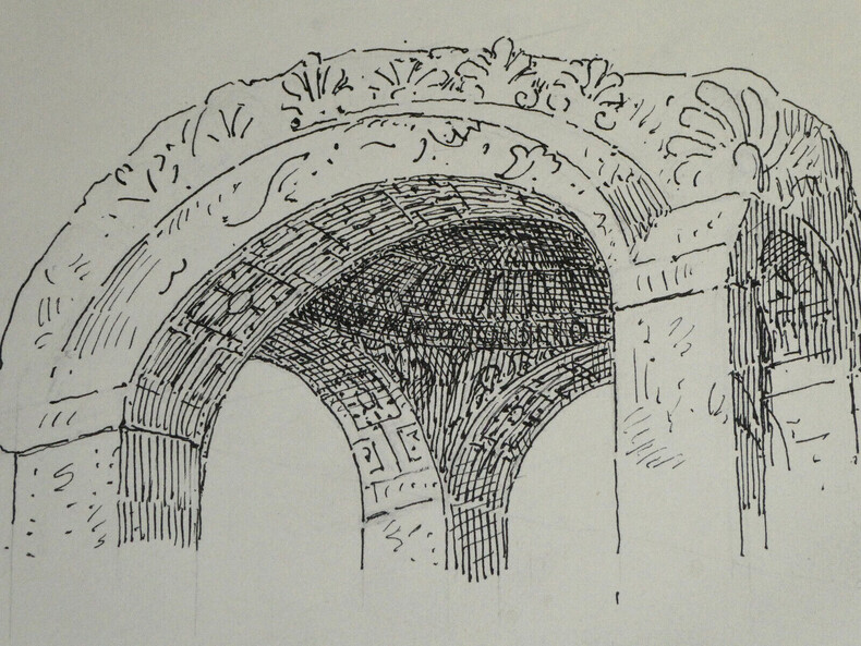 Dessin original - Fontaine de Beugey-Beauguay (C&ocirc;te-d'Or) - XIIIe si&egrave;cle. Louis Henri Laffill&eacute;e