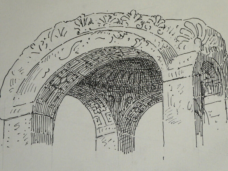 Dessin original - Fontaine de Beugey-Beauguay (C&ocirc;te-d'Or) - XIIIe si&egrave;cle. Louis Henri Laffill&eacute;e