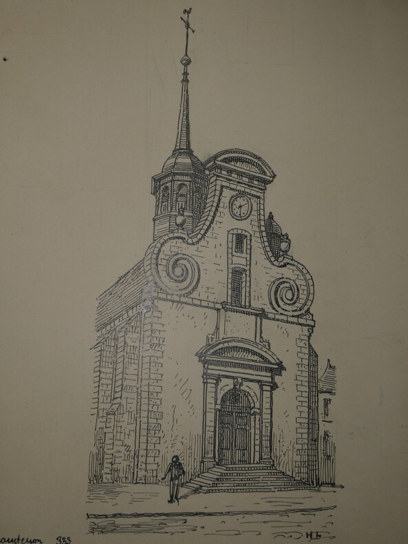 Dessin original sign&eacute; - Pignon de l'&eacute;glise Saint-Pierre &agrave; Maintenon (Eure-et-Loir). Louis Henri Laffill&eacute;e