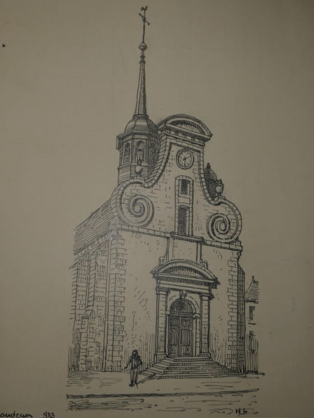 Dessin original sign&eacute; - Pignon de l'&eacute;glise Saint-Pierre &agrave; Maintenon (Eure-et-Loir). Louis Henri Laffill&eacute;e