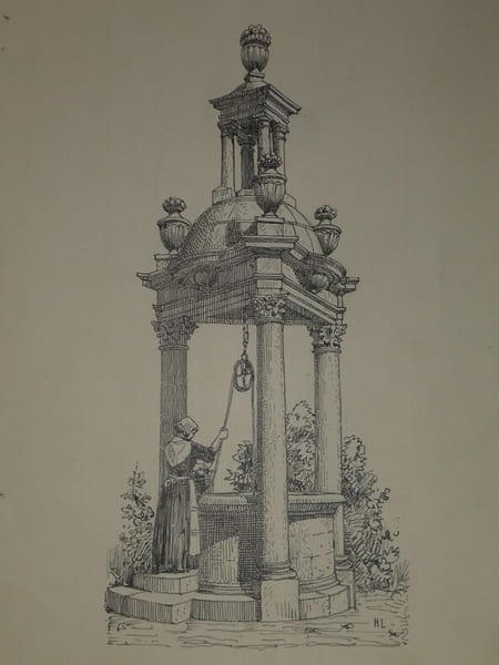 Puits du ch&acirc;teau de Kerjean - Dessin original sign&eacute; &agrave; l'encre vers 1930. Louis Henri Laffill&eacute;e
