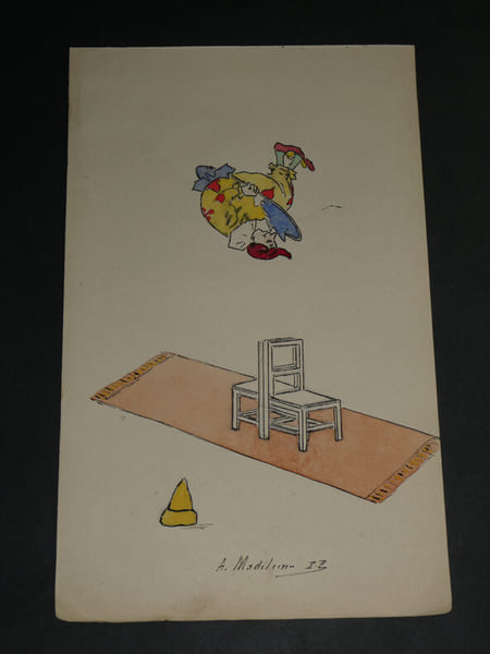 Dessin &agrave; l'encre et aquarelle 2 chaises un tapis et une femme au miroir 1920. Made