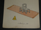 Dessin &agrave; l'encre et aquarelle 2 chaises un tapis et une femme au miroir 1920. Made