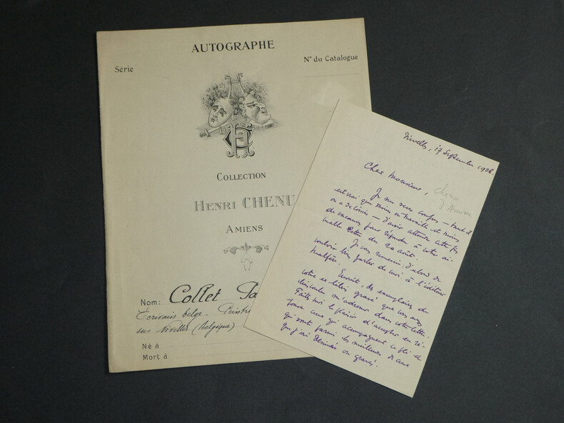 Paul Collet - Lettre autographe sign&eacute;e et Fiche Collection Henri CHENU - 1928. Paul COLLET
