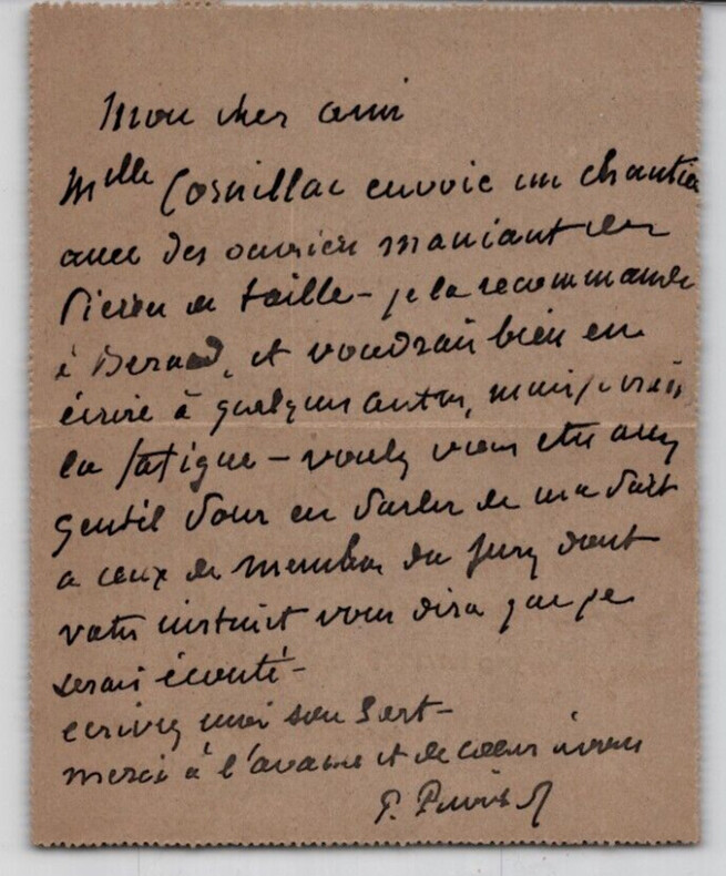 Pierre PUVIS DE CHAVANNES carte lettre autographe sign&eacute;e &agrave; DURAND TAHIER peintre. Pierre PUVIS DE CHAVANNES