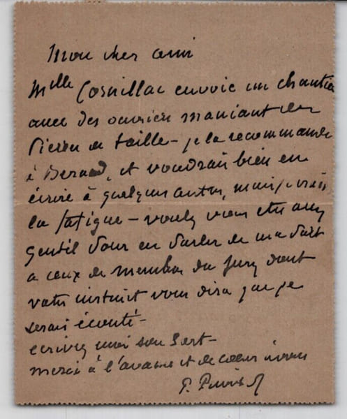 Pierre PUVIS DE CHAVANNES carte lettre autographe sign&eacute;e &agrave; DURAND TAHIER peintre. Pierre PUVIS DE CHAVANNES