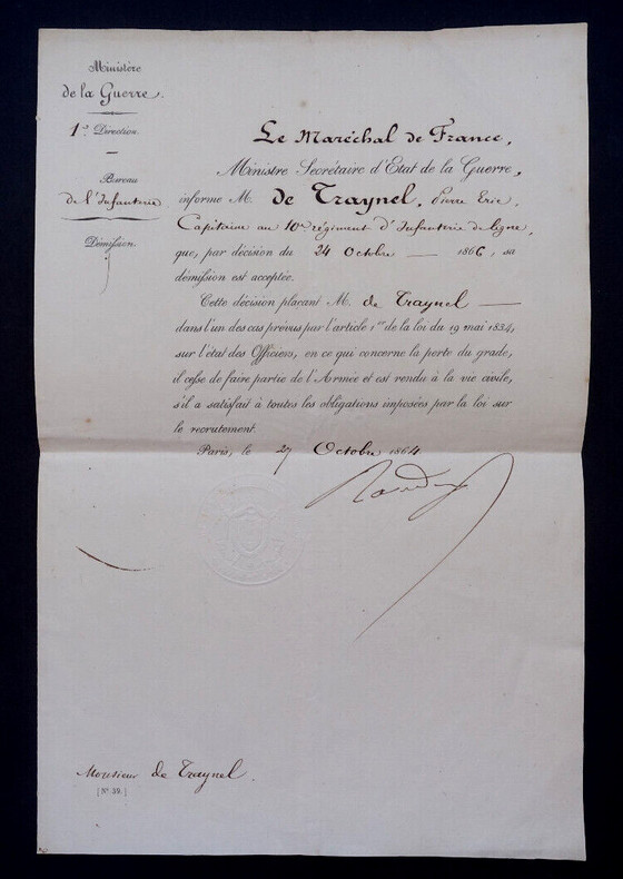 Mar&eacute;chal Jacques Louis RANDON - Autorisation de d&eacute;mission sign&eacute;e &agrave; M. de Traynel, 1864. Jacques Louis RANDON