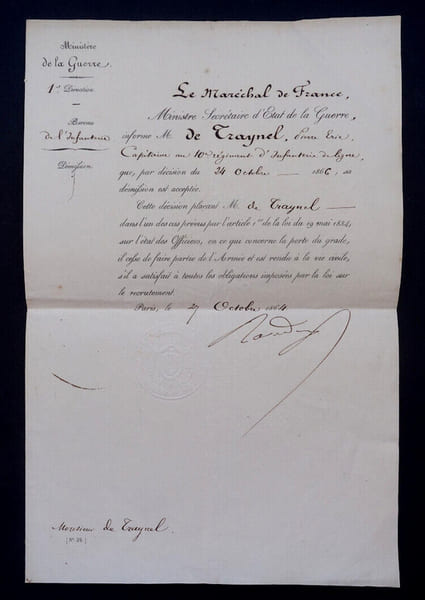Mar&eacute;chal Jacques Louis RANDON - Autorisation de d&eacute;mission sign&eacute;e &agrave; M. de Traynel, 1864. Jacques Louis RANDON
