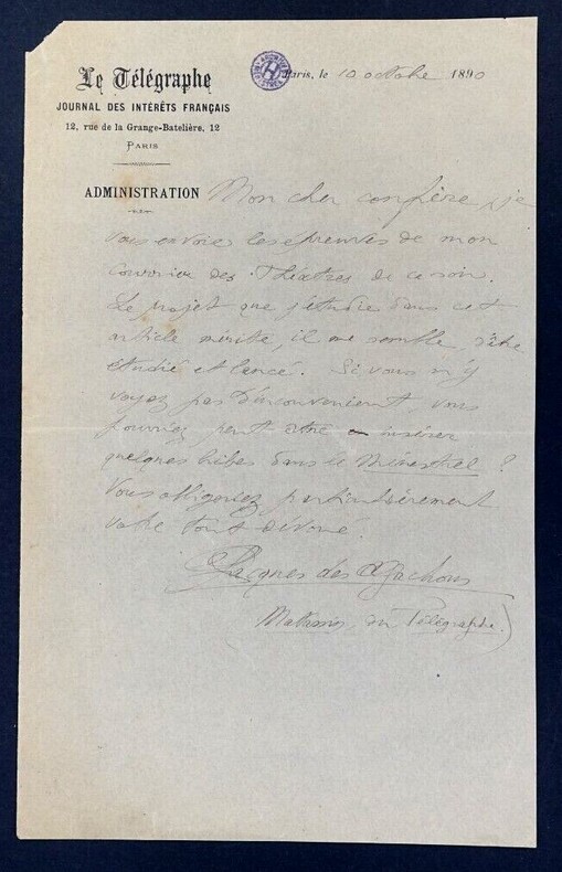 Jacques DES GACHONS, Ecrivain - LETTRE AUTOGRAPHE SIGN&Eacute;E, 1890. Jacques DES GACHONS