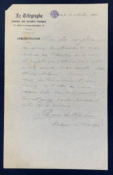 Jacques DES GACHONS, Ecrivain - LETTRE AUTOGRAPHE SIGN&Eacute;E, 1890. Jacques DES GACHONS