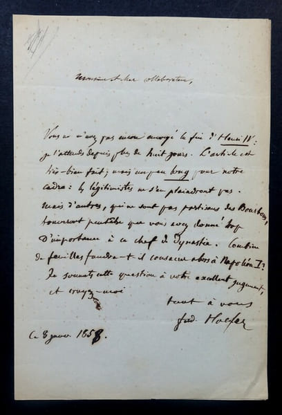 LETTRE AUTOGRAPHE SIGN&Eacute;E, A PROPOS D'UNE COLLABORATION 1858. Ferdinand Hoefer