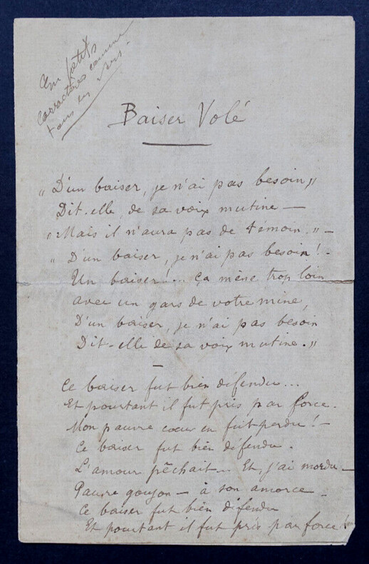 Po&egrave;me autographe sign&eacute; "Baiser Vol&eacute;". Albert LAMBERT