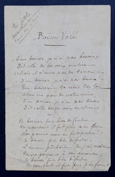 Po&egrave;me autographe sign&eacute; "Baiser Vol&eacute;". Albert LAMBERT