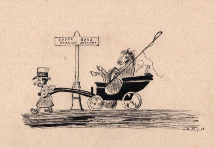Dessin satirique &agrave; l'encre "Soyez bons pour les animaux", sign&eacute; J.D., 1918. J.D.