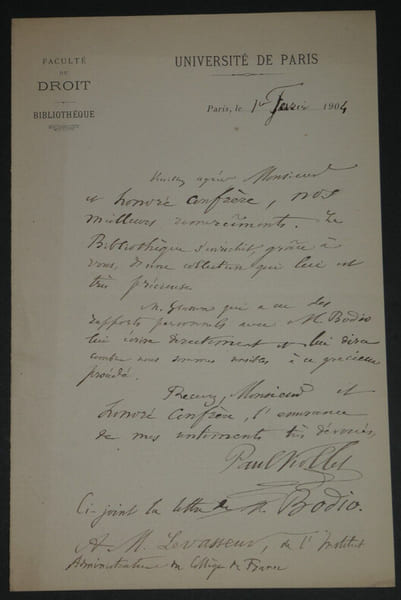 Paul VIOLLET Lettre Autographe Sign&eacute;e remerciement &agrave; M. Levasseur Paris, 1904. Paul VIOLLET