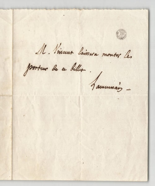 F&eacute;licit&eacute; Robert De La Mennais - &Eacute;crivain - BILLET AUTOGRAPHE SIGN&Eacute;. F&eacute;licit&eacute; Robert De La Mennais