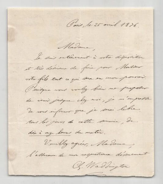 Charles-Pendrell Waddington - Lettre autographe sign&eacute;e - Paris, 1876. Charles-Pendrell Waddington