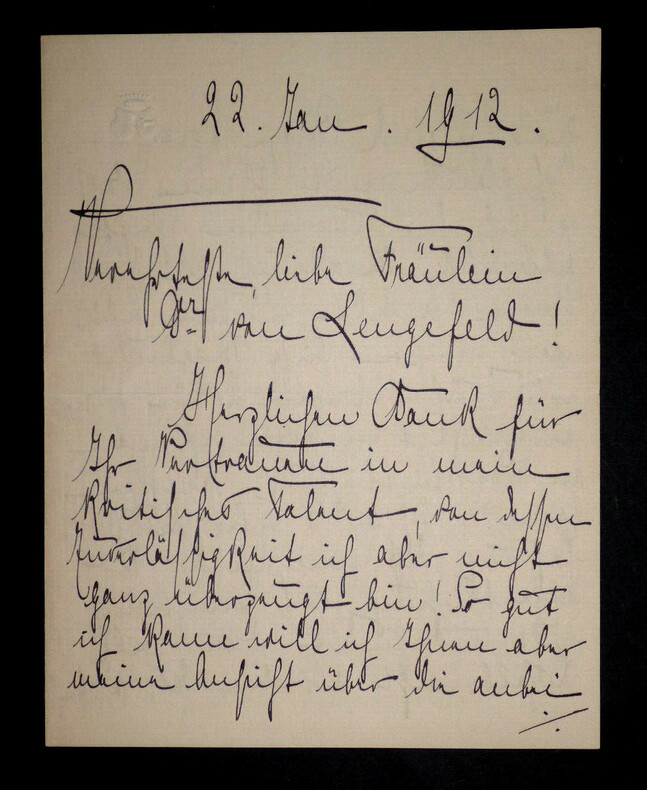 ERIKA VON WATZDORF-BACHOFF LETTRE AUTOGRAPHE DATEE DU 22 MAI 1912 DE 4 PAGES. Erika Von Watzdorf-Bachoff