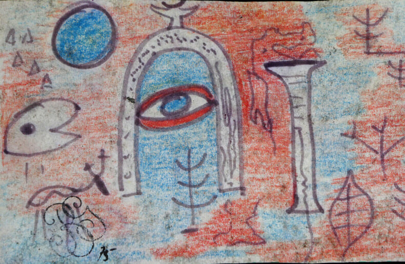 Dessin couleur, surr&eacute;aliste et art d&eacute;co, avec tampon de collectionneur. 