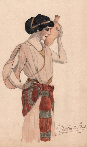 Aquarelle de femme et d'une amphore sign&eacute;e. 