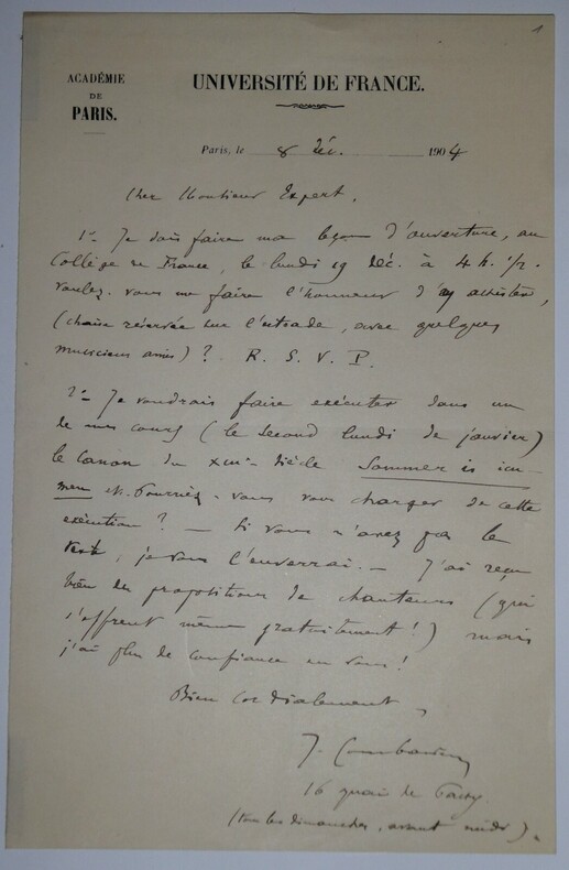 COMBARIEU Jules - LETTRE AUTOGRAPHE SIGN&Eacute;E, UNIVERSIT&Eacute; DE FRANCE, 1904. Jules Combarieu