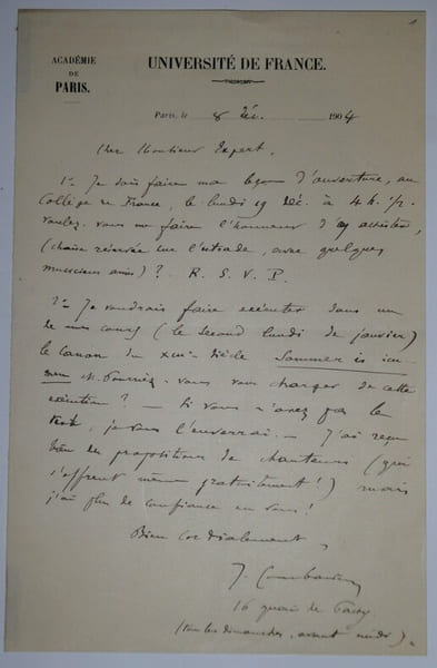 COMBARIEU Jules - LETTRE AUTOGRAPHE SIGN&Eacute;E, UNIVERSIT&Eacute; DE FRANCE, 1904. Jules Combarieu