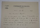 COMBARIEU Jules - LETTRE AUTOGRAPHE SIGN&Eacute;E, UNIVERSIT&Eacute; DE FRANCE, 1904. Jules Combarieu