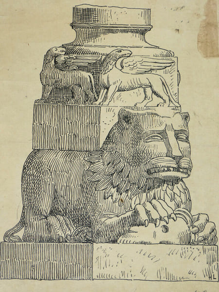 Dessin original sign&eacute; - Base d'une colonne en Franche-Comt&eacute;, de style lombard. Louis Henri Laffill&eacute;e