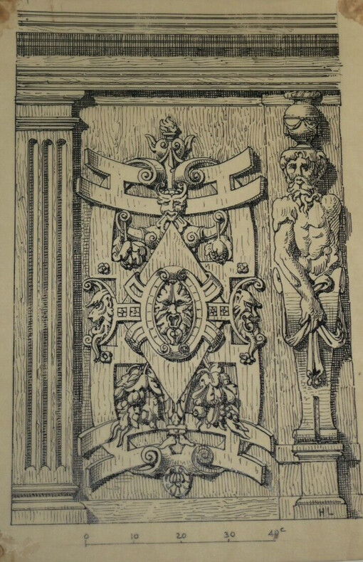 Dessin original sign&eacute; - Panneau de menuiserie : Porte de N.-D. de Ch&acirc;lons-sur-Marne (&eacute;poque Henri III). Louis Henri Laffill&eacute;e